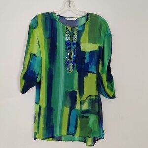 Peter Nygard Women's Blouse With Camisole Size L Boho Sheer Green Blue Beaded
